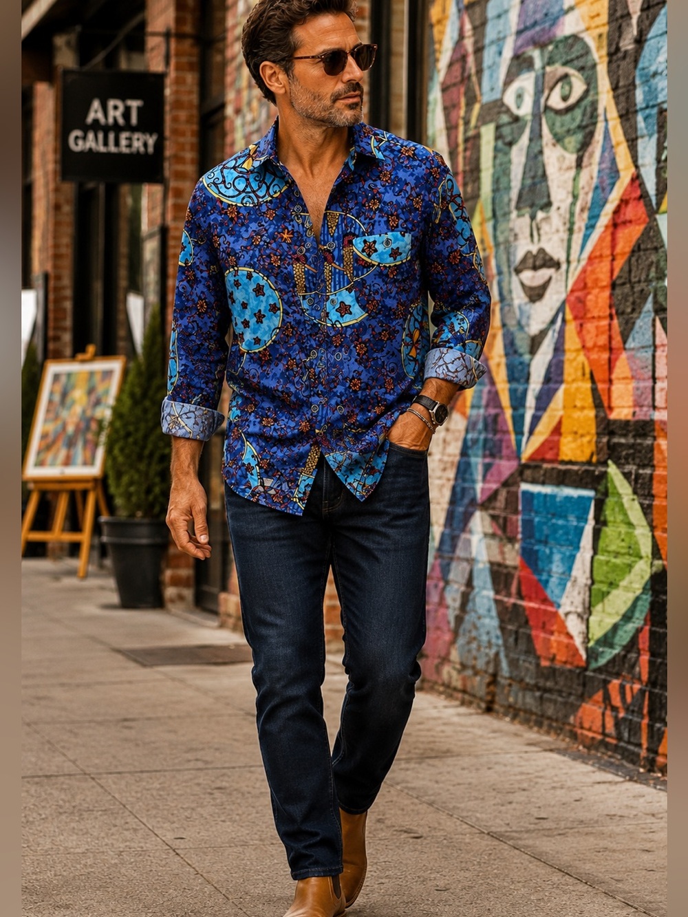 Signum Abstract Floral Button Up Shirt Men’s Medium Blue European Designer Print